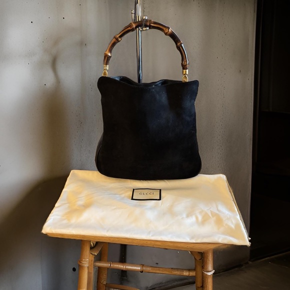 GUCCI | Bamboo Vintage Black Suede and Leather Top Handle Hobo Bag w Dust Bag - Picture 1 of 7